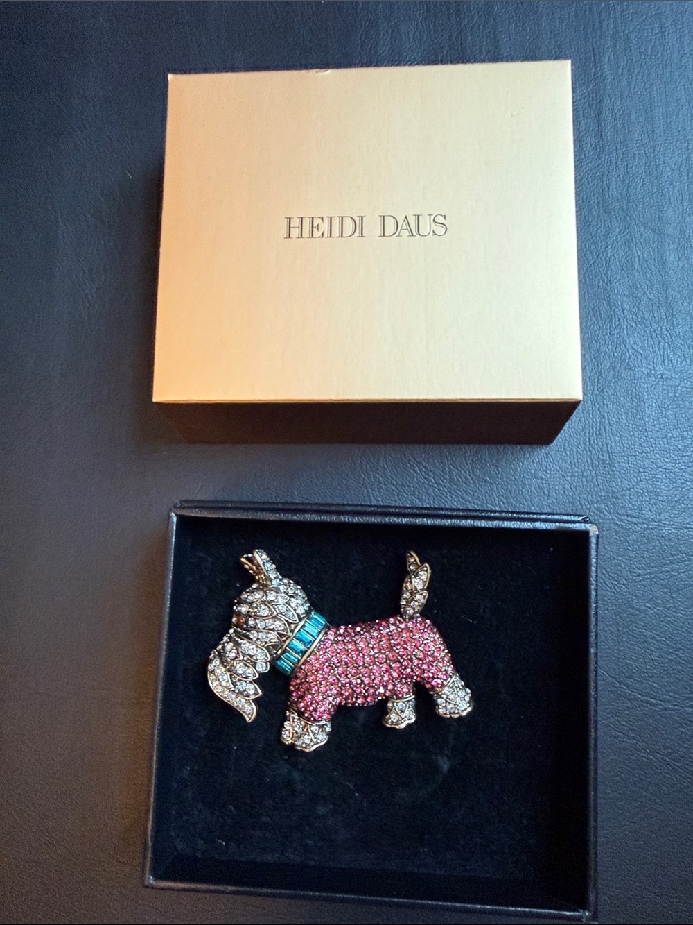 Heidi Daus Pink Crystal Dog Brooch with Turquoise Collar